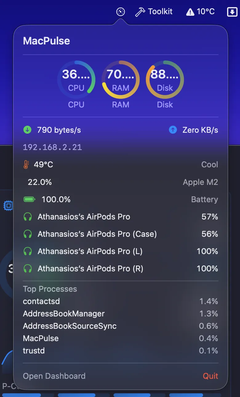 MacPulse menu bar status item showing CPU, Memory, and Network with sparkline charts